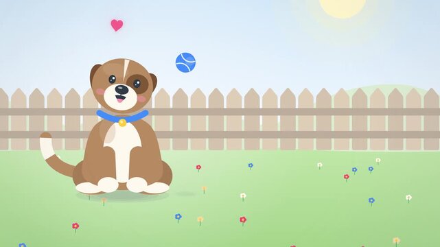 Happy dog catching blue ball in sunny garden seamless loop