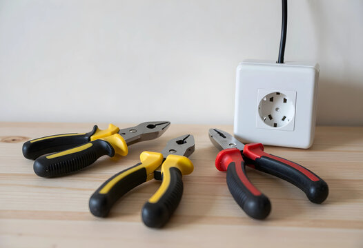 Home improvement and electrical repair, pliers and tools for maintenance work on a wooden desk with a wall power outlet for renovation and construction
