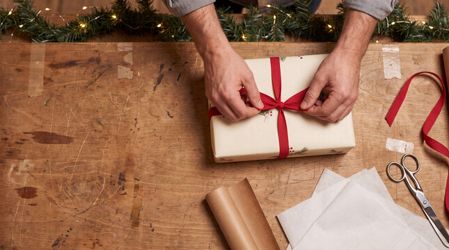 Hands tie a red bow on a white Christmas present at a wrapping table. Overhead view shows the box beside loose ribbon, scissors and paper, with evergreen garland along the upper edge.