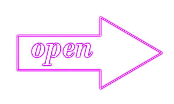 Neon pink arrow sign with the word open isolated on transparent background