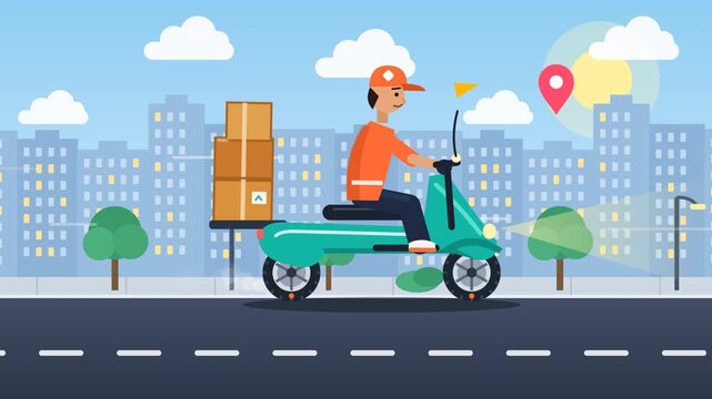 Delivery courier on a green scooter riding through a city landscape