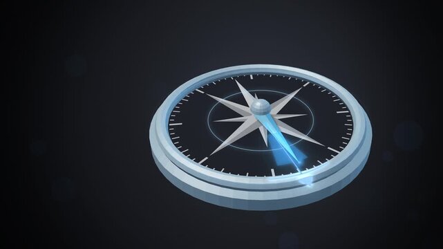 Blue glowing compass needle finds its bearing on dark background