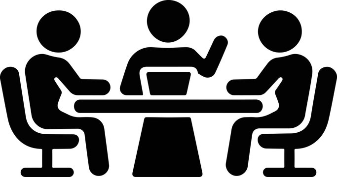 Three people meeting icon, group discussion and brainstorming session flat vector symbol