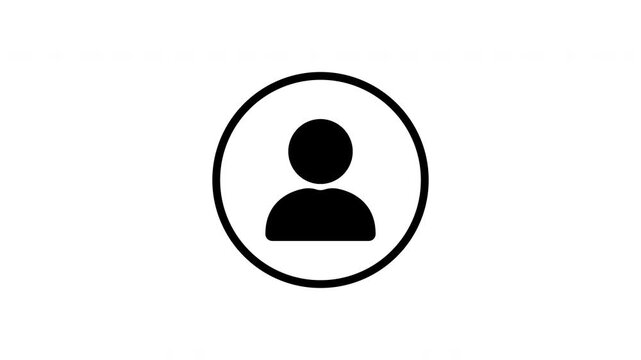 Black user profile icon with a circle outline fades in and scales up slightly on a white transparent background. None adds depth and energy to the animated scene.