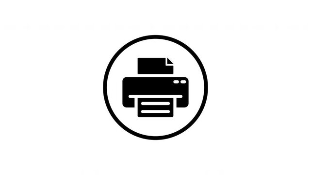 Black printer icon with a paper sheet inside a circle appears on a white background. Icon remains visible in a digital interface environment for office and technology use.