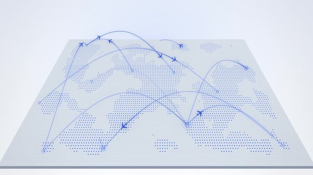 Blue flight arcs over tilted dotted world map on white seamless loop