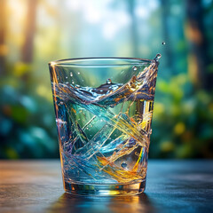 Fototapeta premium Hydration and wellness, glass of water with colorful light refraction and liquid splash for healthy lifestyle and purity in natural environment