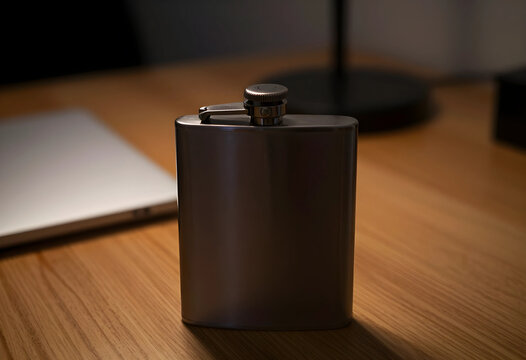 Alcoholism and workplace stress, metal hip flask on office desk with laptop addiction and burnout in a professional corporate environment