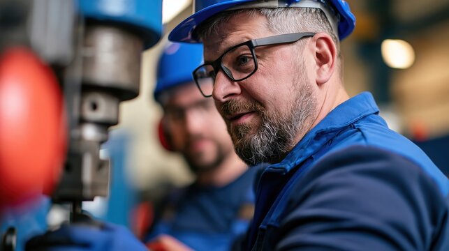 Safety coordinator supervising technician at aluminum cutting machine in factory