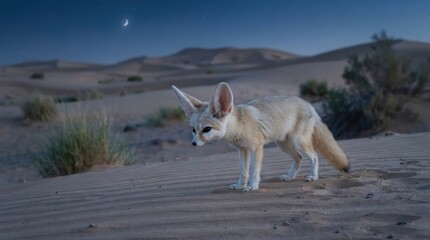 Fototapeta premium Fennec fox standing on sand dunes in the Sahara desert under a crescent moon at twilight time