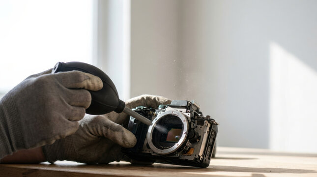 Hands cleaning camera sensor with brush in workshop