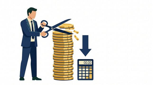 Businessman cutting stack of coins with scissors cost reduction concept