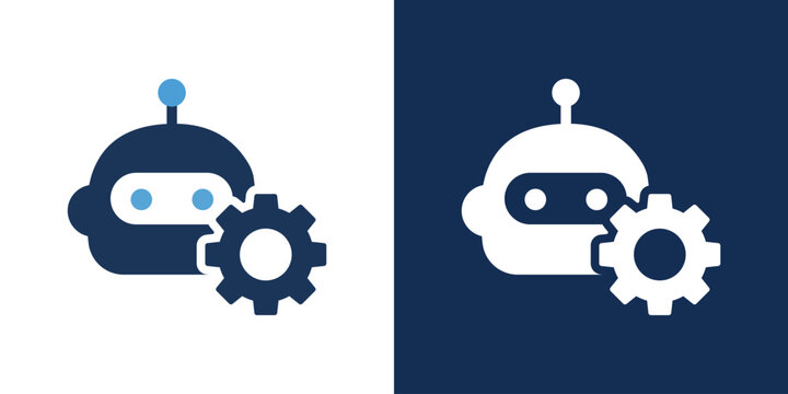 Robot head icon with gear symbol, representing artificial intelligence, automation, technical support, machine learning, and software development, vector illustration