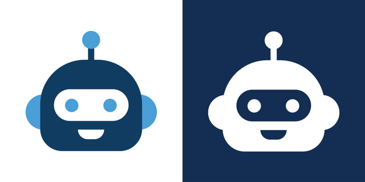 Cute robot icon vector illustration set, modern minimalist technology symbols with friendly design and dark blue backgrounds