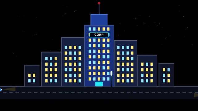 Night city skyline with tall buildings and road in flat vector style