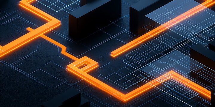 Integrated circuit architecture, abstract digital information multilayer network grid representing data flow, quantum computational systems, virtual infrastructure design. Microprocessor cores, 3D