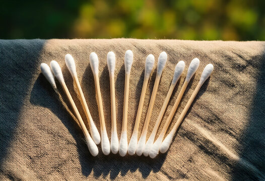 Personal hygiene and sustainable living, bamboo cotton swabs for eco friendly skincare and beauty routine on a natural linen fabric background