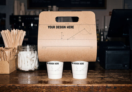 Mockup Template of Kraft Take away Cup Carrier with Coffee Cups