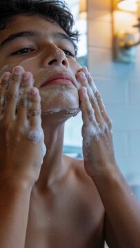 Vertical video: Starting with soapy hands, shirtless teen boy massaging face at sink