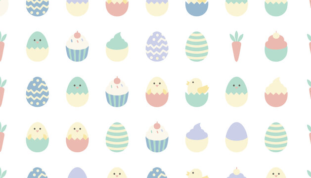 A seamless easter pattern featuring cute chicks hatching from colorful eggs, sweet cupcakes, and pastel carrots on a white background.