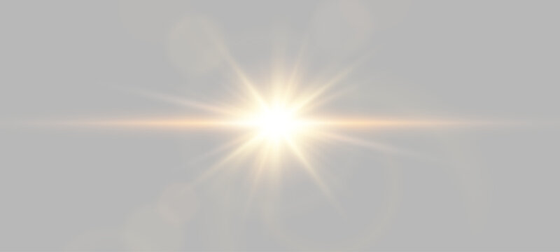Golden lens flare with bright light burst and horizontal rays. Optical sunburst glare effect on isolated background