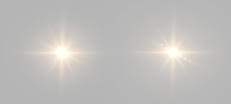 Pair of golden optical lens flares on neutral background. Car headlights glow and bright beam light effect overlay for design
