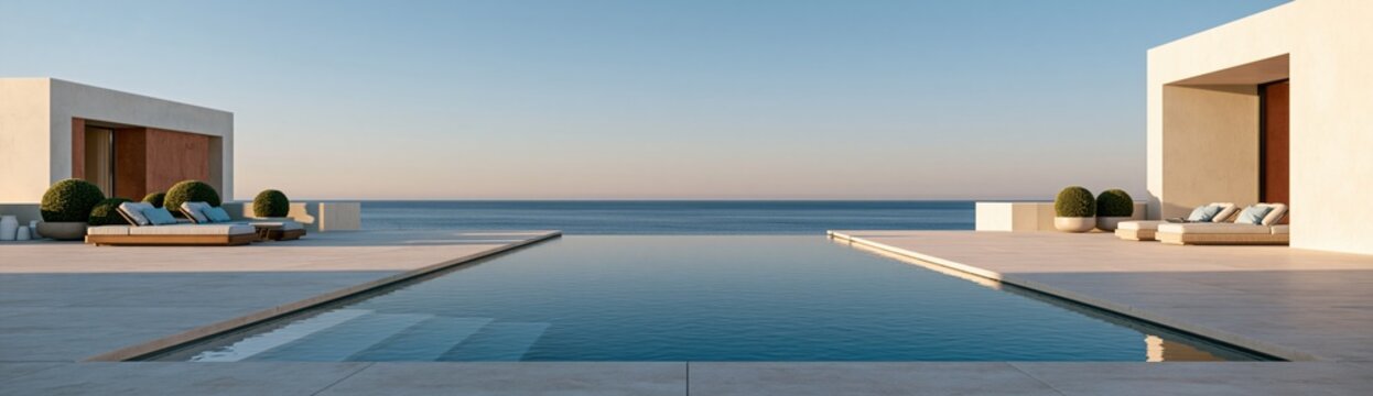 Luxury contemporary villa infinity pool centered on sea horizon with symmetrical terraces for background and poster design