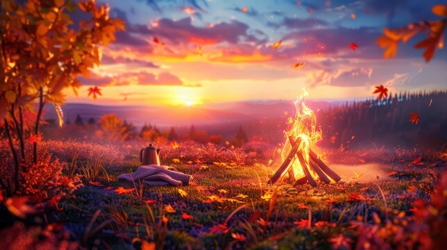 Autumn campsite with glowing bonfire overlooking sunset mountain landscape