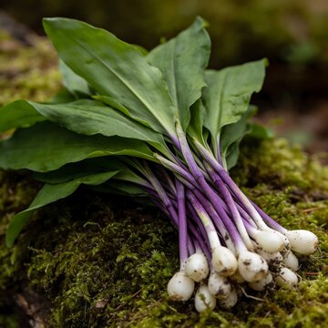 Fresh Wild Ramps with Purple Stems on Forest Moss