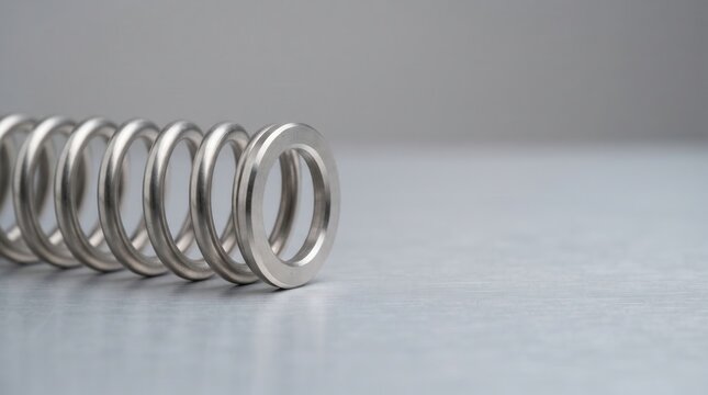 Metallic compression spring with a ground flat end lying on a brushed steel surface, close-up macro shot with a neutral background, architectural engineering concept