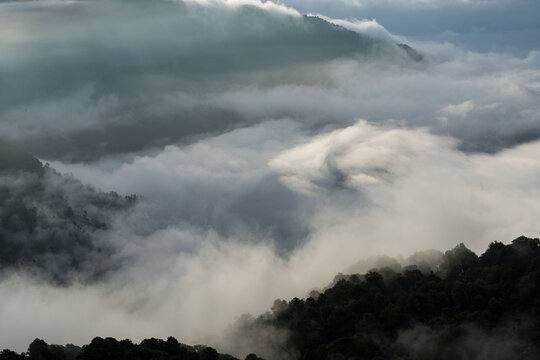 A serene view of a misty mountain landscape, where soft clouds gently blanket the valley, creating a tranquil and ethereal atmosphere.