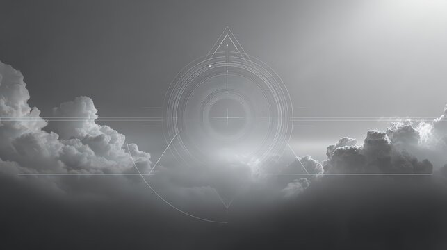 Monochrome Cloudscape with Futuristic Geometric Target Overlay