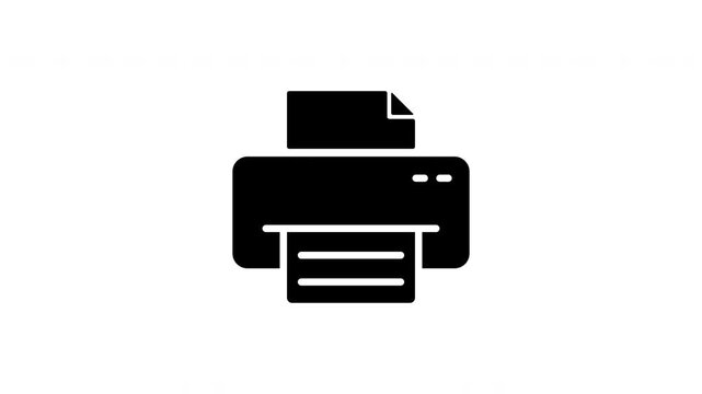 Black printer icon with a paper sheet fades in smoothly on a white transparent background. Icon remains visible in a clean digital interface environment for office and business use.