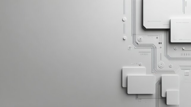 Minimalist gray circuit board interface with futuristic technology and copy space