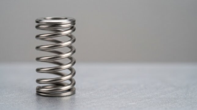 Metal compression helical spring standing upright on a grey brushed metallic surface with a clean minimalist blurred background
