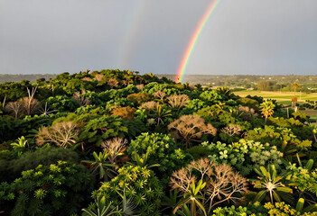 Fototapeta premium Sustainability and environmental conservation, lush tropical forest landscape with a double rainbow after rain in a rural agricultural countryside area