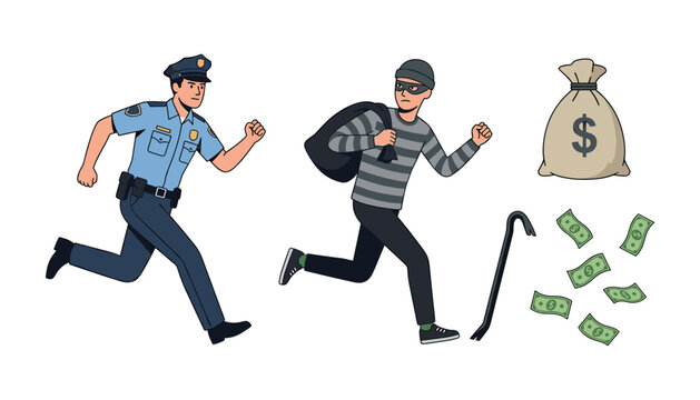 Police officer chasing a running thief element set with robber carrying stolen money bag crowbar and falling cash bills for crime vector illustration