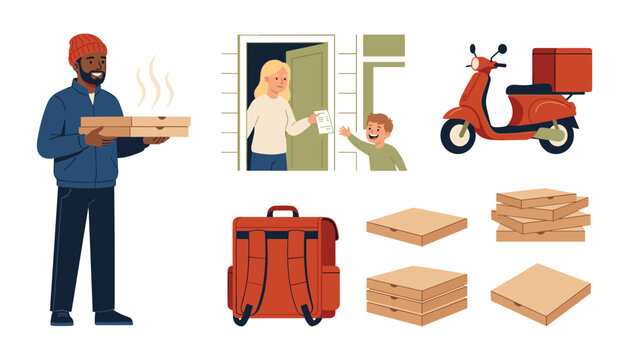 Pizza delivery service vector element set featuring courier with hot boxes scooter thermal backpack and doorstep customer receiving order