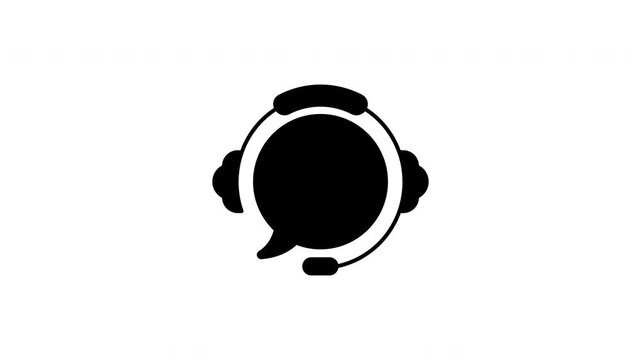 Black customer support headset icon with a speech bubble appears centered on a white background. Animated scene combines icon and speech bubble with none.