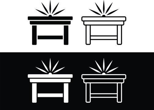 Table saw workbench icon set, circular saw cutting bench symbol, woodworking carpentry power tool badge, lumber cutting workshop equipment emblem and UI mobile vector icons   