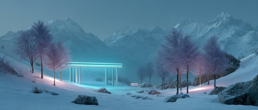 Futuristic Illuminated Pavilion in a Snowy Mountain Landscape at Twilight