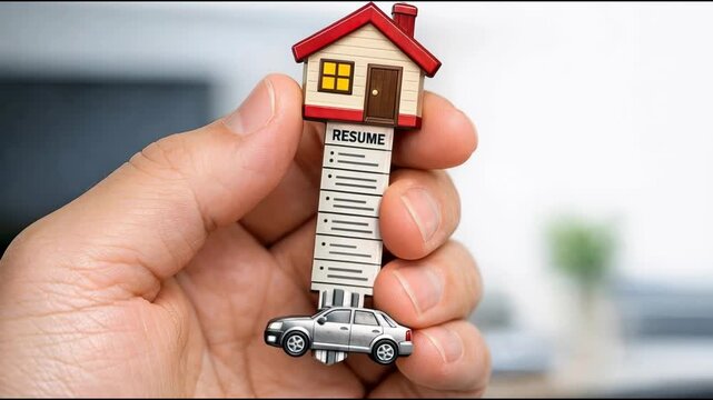 A hand holds a small model of a house and car, perfect for use in illustrations, presentations, or as a design element