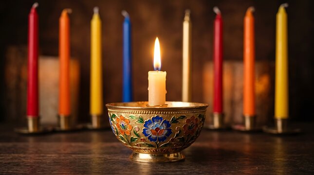 Single lit candle in ornate bowl surrounded by colorful taper candles in rows