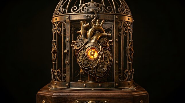 Steampunk mechanical heart sculpture with glowing core encased in an antique brass birdcage.