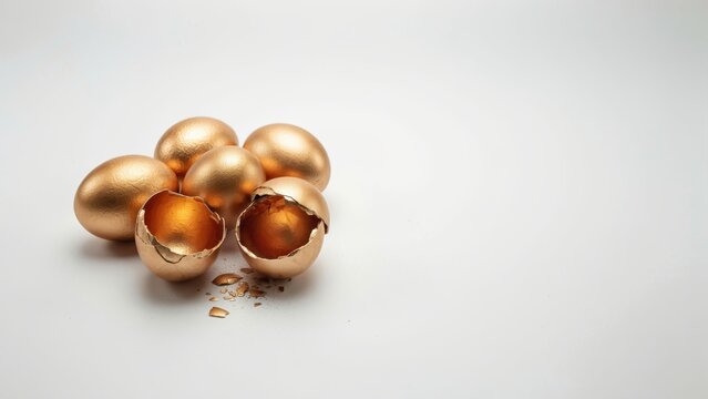 Golden eggs with one cracked open shell, shiny metallic nest egg finance concept, luxury wealth investment background