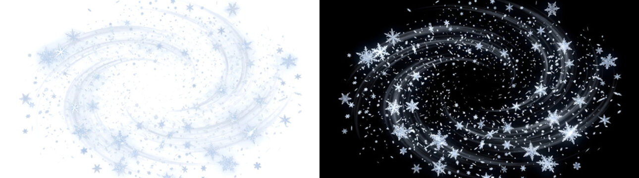 Snowflakes swirling in a spiral vortex of ice crystals for winter designs in PNG, Transparent and Black Background Versions