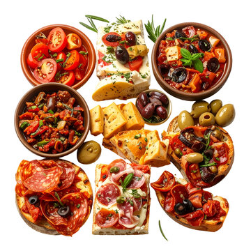 Mediterranean tapas and bruschetta platter isolated on white background