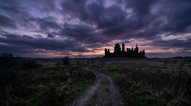 Silhouette of Corfe Castle ruins standing prominently against a dramatic twilight sky