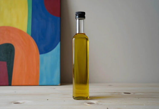 Healthy nutrition and organic cooking, glass bottle of extra virgin olive oil on a wooden table with colorful abstract art in the background