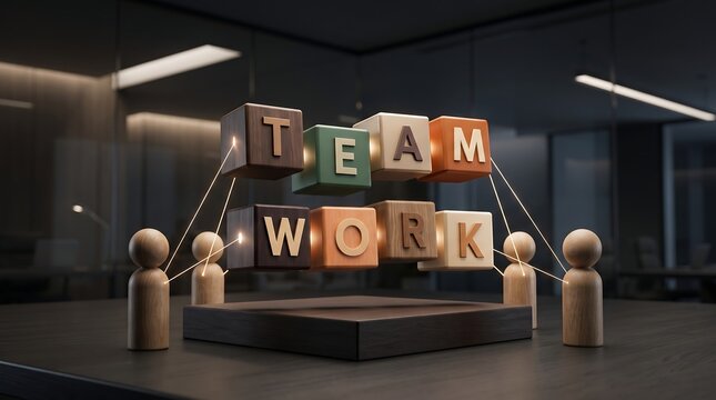 Wooden figures connecting glowing cubes with word teamwork written on blocks representing corporate collaboration and strategic business partnership in modern office setting
